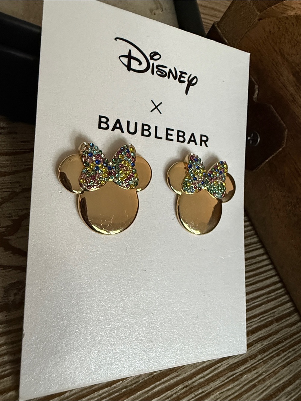 Disney BaubleBar Gold Minnie Earrings with Multicolor Bow
